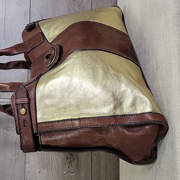 Fossil Reissue Brown Gold Weekender Bag Tote Shoulder Bag - Picture 2 of 15